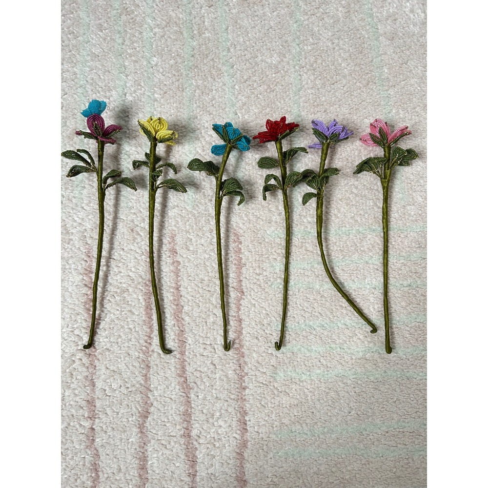 Beaded Flower Bouquet Multicolor 6 Stems 11" Home Decor Cottagecore Art Spring